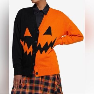 Social Collision women’s knit black and orange Jack o lantern cardigan